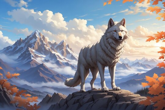 In a visually captivating manga style artwork, a majestic gray wolf stands against a backdrop of towering mountains and a sky filled with fluffy white clouds