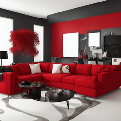 interior of modern living room with red sofa 3d Illustration Mockup