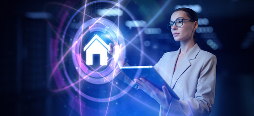 Smart home wireless control system IOT. Woman using augmented reality virtual screen.