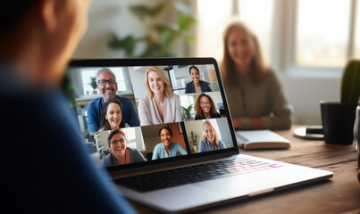 Group meeting, remote workers discussing work plans by video digital conference call