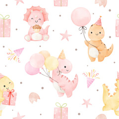 Seamless pattern funny dinosaur birthday girl For Greeting card Clothing kids