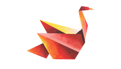 Naklejka premium Vibrant origami swan with fiery red, orange, and yellow hues, crafted in a minimalist geometric style, isolated on a white background
