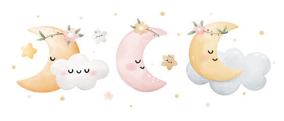 Watercolor scandinavian sweet moon Boho sky For nursery Baby shower