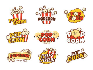 Popcorn emblem. Sweet corn snacks banners for cinema shop, striped buckets with playful popped corn kernels vector set - obrazy, fototapety, plakaty