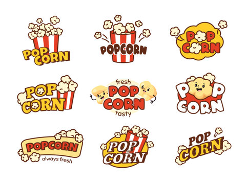 Popcorn emblem. Sweet corn snacks banners for cinema shop, striped buckets with playful popped corn kernels vector set