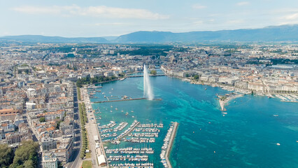 Geneva, Switzerland. Fountain Je-Deau. Large fountain jet up to 140 meters. The main attraction of...