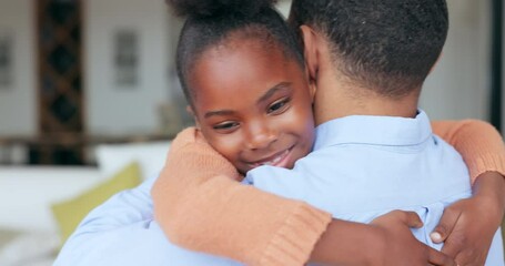 Home, hug and father with girl, love and excited with happiness, support and bonding together in a lounge. Family, child and dad with kid, parent and embrace in a living room, smile and relaxing