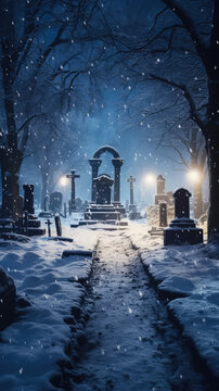 Gravestones in a cemetery illuminated by lanterns during a snowfall at night time.