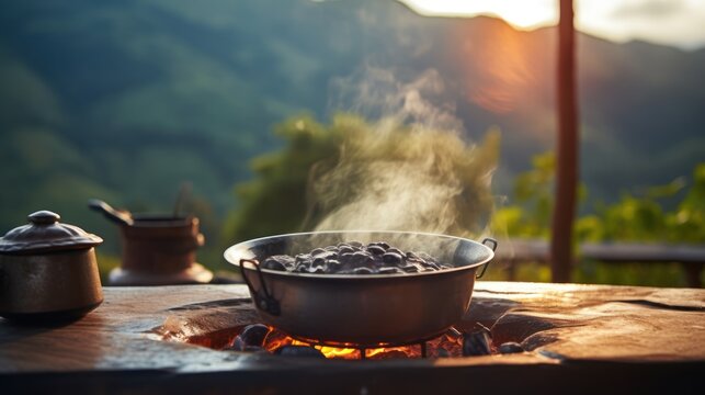Pot being cooked on a wood stove in the Asian countryside Behind is a mountain.