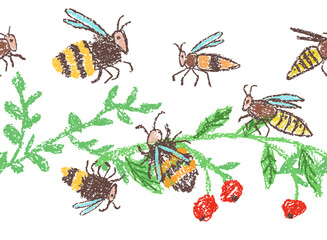 Bee, wasp, bumblebee, hornet seamless border, pattern frame or set. Doodle hand drawn black yellow striped flying insect on plant. Crayon, pencil pastel chalk like kid`s style vector funny cartoon art