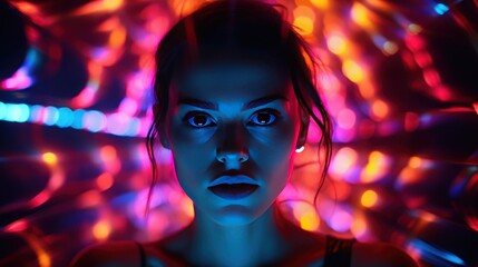 Multicolored lights, neon lights on the woman's face