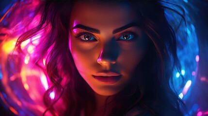 Fototapeta premium Multicolored lights, neon lights on the woman's face