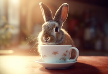 Cute little rabbit. Funny and fluffy little animal sitting table with mug tea. Generate AI