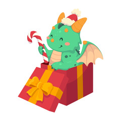 Obraz na płótnie Canvas Cute little green dragon sitting in a big red gift box. Year of the Dragon. Chinese zodiac dragon. 