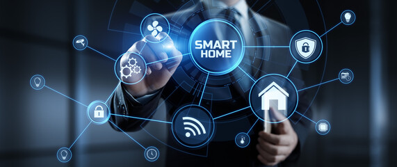 Smart home IOT apartment control application on virtual screen. - obrazy, fototapety, plakaty