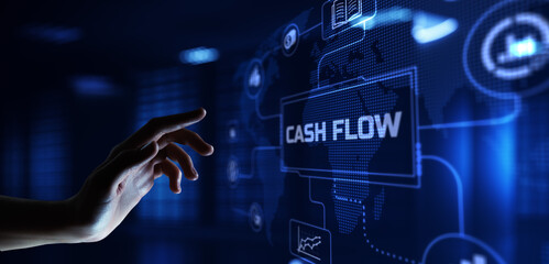 Cash flow business and investment concept. Hands pressing button virtual screen.