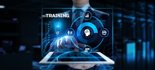 Training education personal development concept. Businessman pressing button on screen.