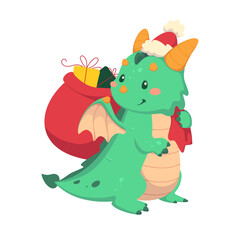 Cute little green dragon wearing a Santa Claus hat and holding a bag of gifts. Year of the Dragon. Chinese zodiac dragon