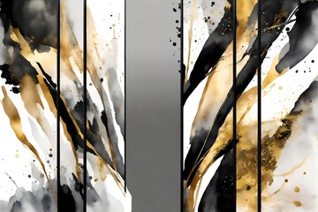 Elegant abstract watercolor wall art triptych. Composition in black, white, grey, gold. Modern design for print, card, cover, poster. 