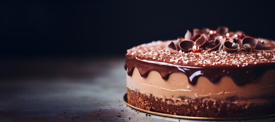Delicious chocolate cake On a plate Sweet dessert Bright Close-up background. Sweet dessert brown...