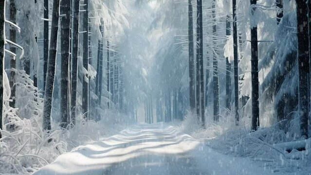 Beautiful winter forest road with heavy snowfall