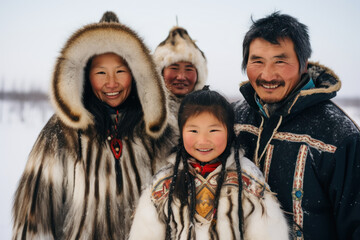 Inuit family in traditional attire, Alaska - obrazy, fototapety, plakaty