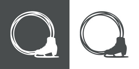 Logo winter sports. Logo con marco circular con líneas con silueta de patín para hielo. Bota para patinaje sobre hielo - obrazy, fototapety, plakaty
