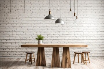 Empty wooden pedestal on kitchen table before white brick wall -