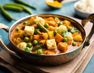 mix vegetable curry indian main course recipe contains carrots, cauliflower, green peas and beans, baby corn, capsicum and paneer cottage cheese with traditional masala and curry, selective focus