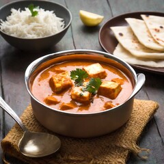 paneer butter masala or cheese cottage curry in serving a bowl or pan - obrazy, fototapety, plakaty