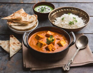paneer butter masala or cheese cottage curry in serving a bowl or pan