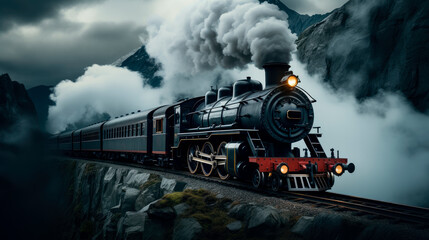 A vintage train emitting white smoke with a backdrop of mountains.