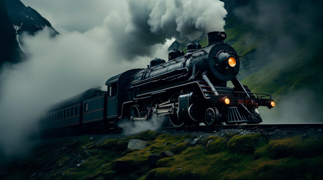 Huge steam locomotive express traveling through dark  mountains.