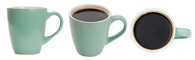 Mockup Set of hot Black americano coffee in green ceramic mug shoot from above isolated on white background.