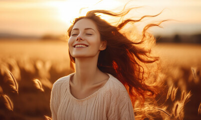 smiling free woman with closed eyes at sunset 