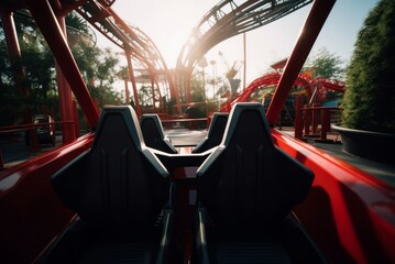 Reliable roller coaster seats. Metal frame red with sturdy and leather seats. Generate AI - obrazy, fototapety, plakaty