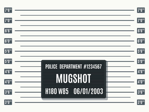 Mugshot photo template. Law enforcement, jail booking photography backdrop template with height measurement chart and black police department placard vector background