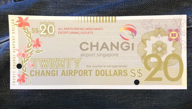 Changi, Singapore- 12th February 2019: Changi Airport 20 $ voucher for passengers. This was given for travelling by Singapore Airlines as a gift.
