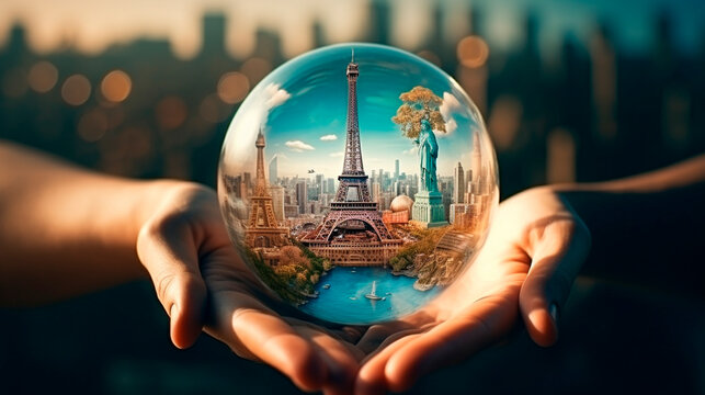 A ball with the sights of the travel countries in your hands. Selective focus.