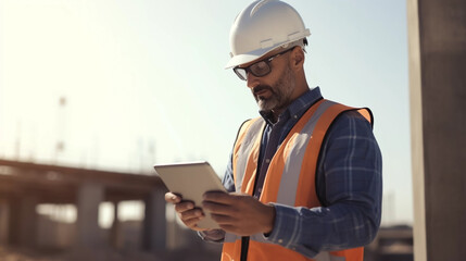 copy space, stockphoto, caucasian male civil engineer wearing protective goggles and using tablet on construction site. Engineer inspecting a construction site during day time.