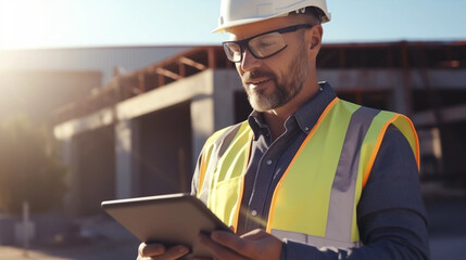 copy space, stockphoto, caucasian male civil engineer wearing protective goggles and using tablet on construction site. Engineer inspecting a construction site during day time. - obrazy, fototapety, plakaty