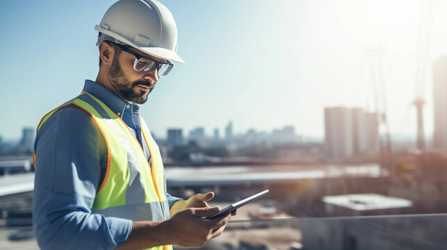 copy space, stockphoto, caucasian male civil engineer wearing protective goggles and using tablet on construction site. Engineer inspecting a construction site during day time.