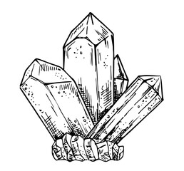 Naklejka premium Quartz crystal isolated on white background. Crystal cluster, minerals, diamonds. Hand drawn vector gems sketch style. Illustration isolated on white.