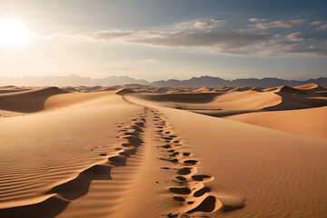 A vast desert landscape, bathed in the warm glow of the afternoon sun