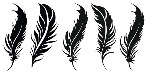 Bird Feather black silhouettes. Plumelet collection. Vector isolated on white - obrazy, fototapety, plakaty
