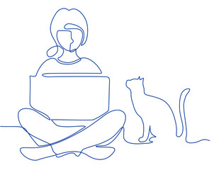 Continuous one line drawing of a woman. Line drawing of girl with laptop and cat continuous one hand drawn single line art design. Remote work on a laptop. Vector illustration