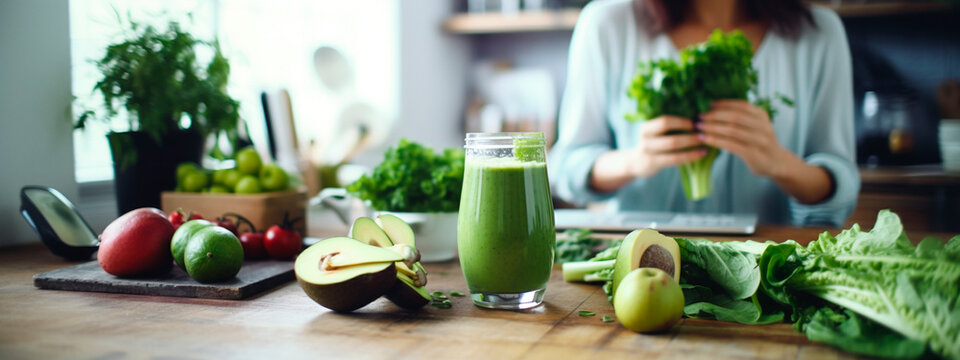 Woman blogger preparing green smoothie. Selective focus.