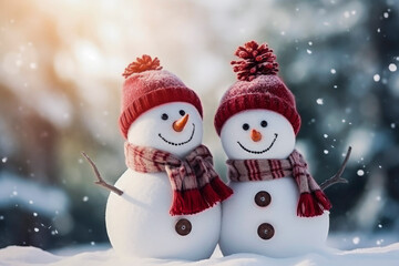 Obraz premium Background of snowmen with hat and scarf
