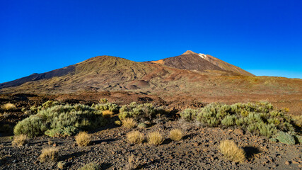 Mount Teide, Tenerife, Spain. View of the volcano from the south in the National Park (Spanish: ‎⁨Parque Nacional del Teide⁩).