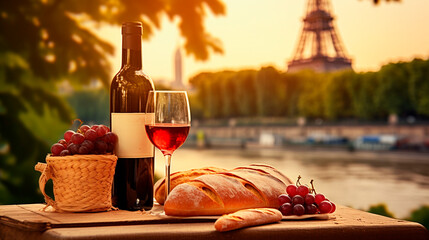 Wine picnic with the Eiffel Tower in the background. Selective focus. - obrazy, fototapety, plakaty